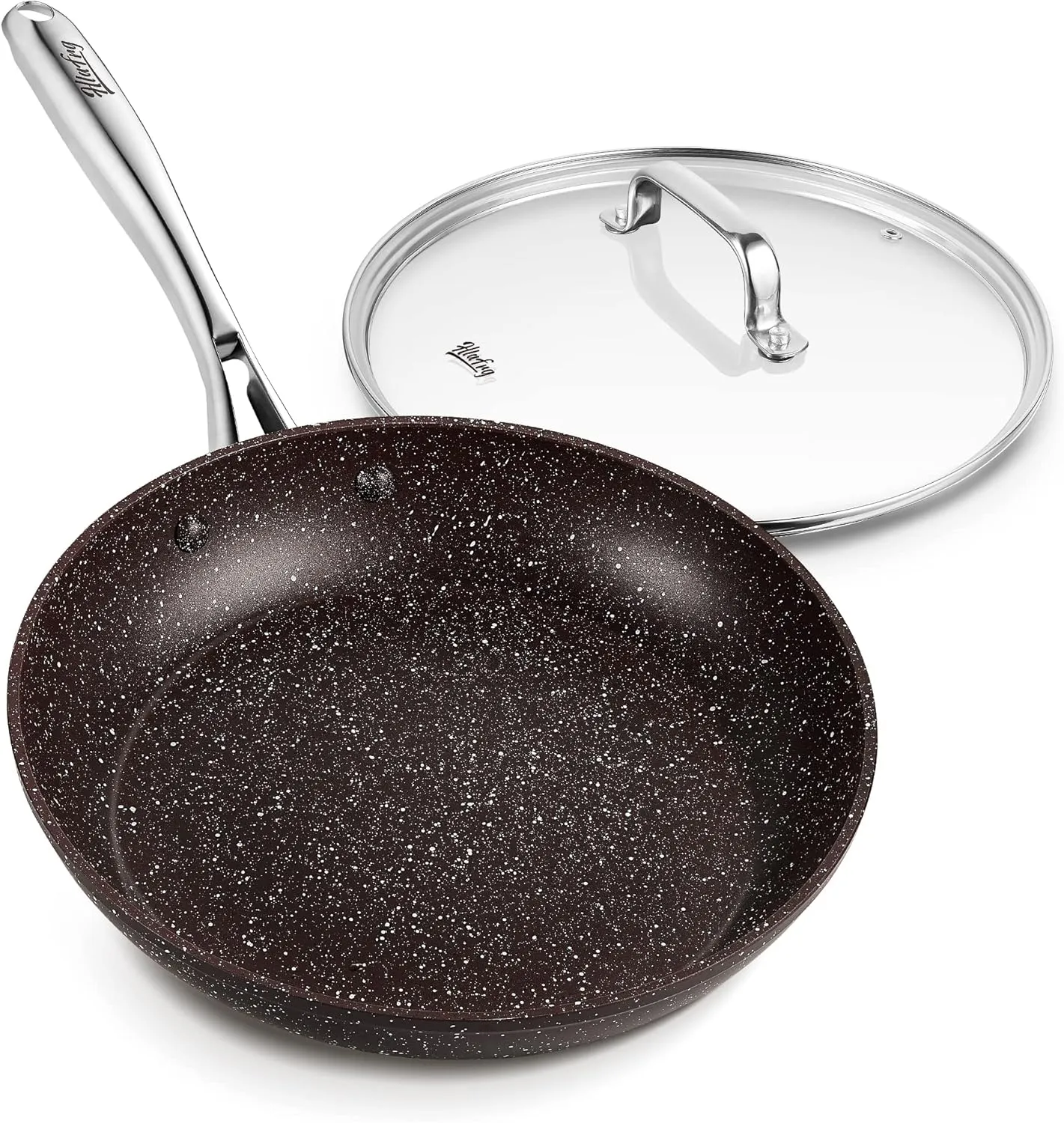 10 Inch Nonstick Frying Pan with Lid, Brown Marble Skillet with Stone-Derived Coating,APEO & PFOA Free, With Heat-Resistant Handle, Oven Safe and Induction Compatible…