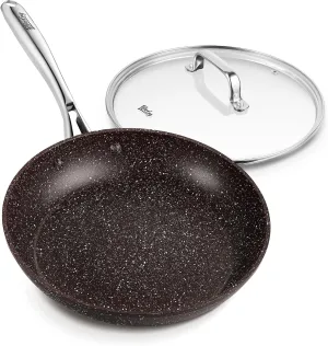 10 Inch Nonstick Frying Pan with Lid, Brown Marble Skillet with Stone-Derived Coating,APEO & PFOA Free, With Heat-Resistant Handle, Oven Safe and Induction Compatible…