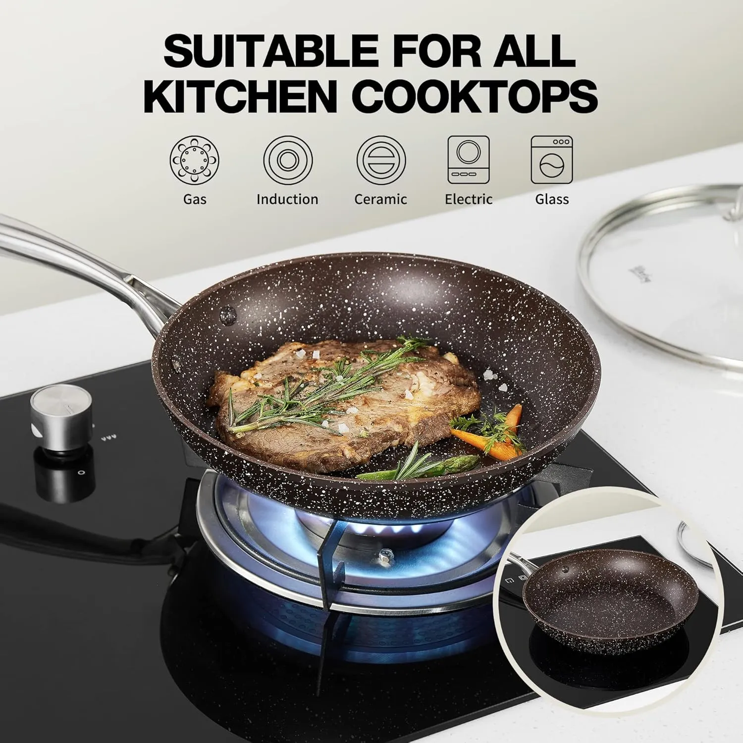 10 Inch Nonstick Frying Pan with Lid, Brown Marble Skillet with Stone-Derived Coating,APEO & PFOA Free, With Heat-Resistant Handle, Oven Safe and Induction Compatible…