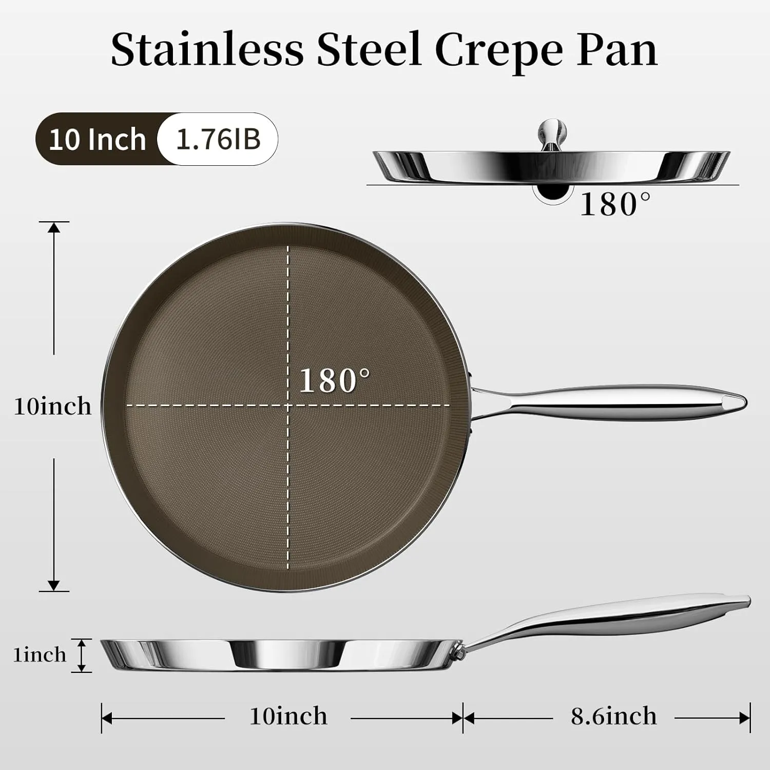 10 Inch Stainless Steel Crepe Pan - Titanium Ceramic Nonstick Crepe Pan, Stainless Steel Pancake Pan, Non Stick Flat Skillet Tawa Dosa Tortilla Griddle Pan, Induction Compatible, PFOA&PFAS Free