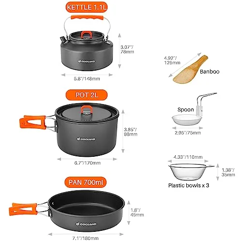 10pcs Camping Cookware Camping Pots & Pans Set w/ Kettle,Plastic Bowls & Soup Spoon