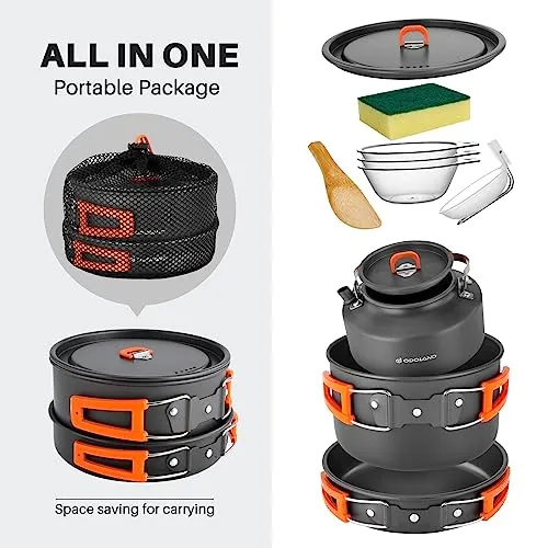 10pcs Camping Cookware Camping Pots & Pans Set w/ Kettle,Plastic Bowls & Soup Spoon