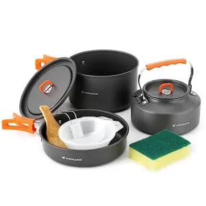 10pcs Camping Cookware Camping Pots & Pans Set w/ Kettle,Plastic Bowls & Soup Spoon