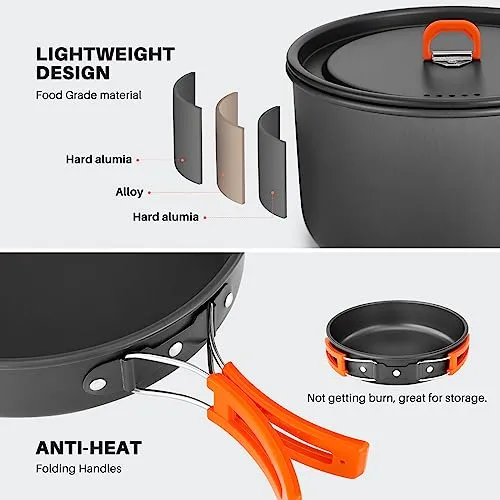 10pcs Camping Cookware Camping Pots & Pans Set w/ Kettle,Plastic Bowls & Soup Spoon
