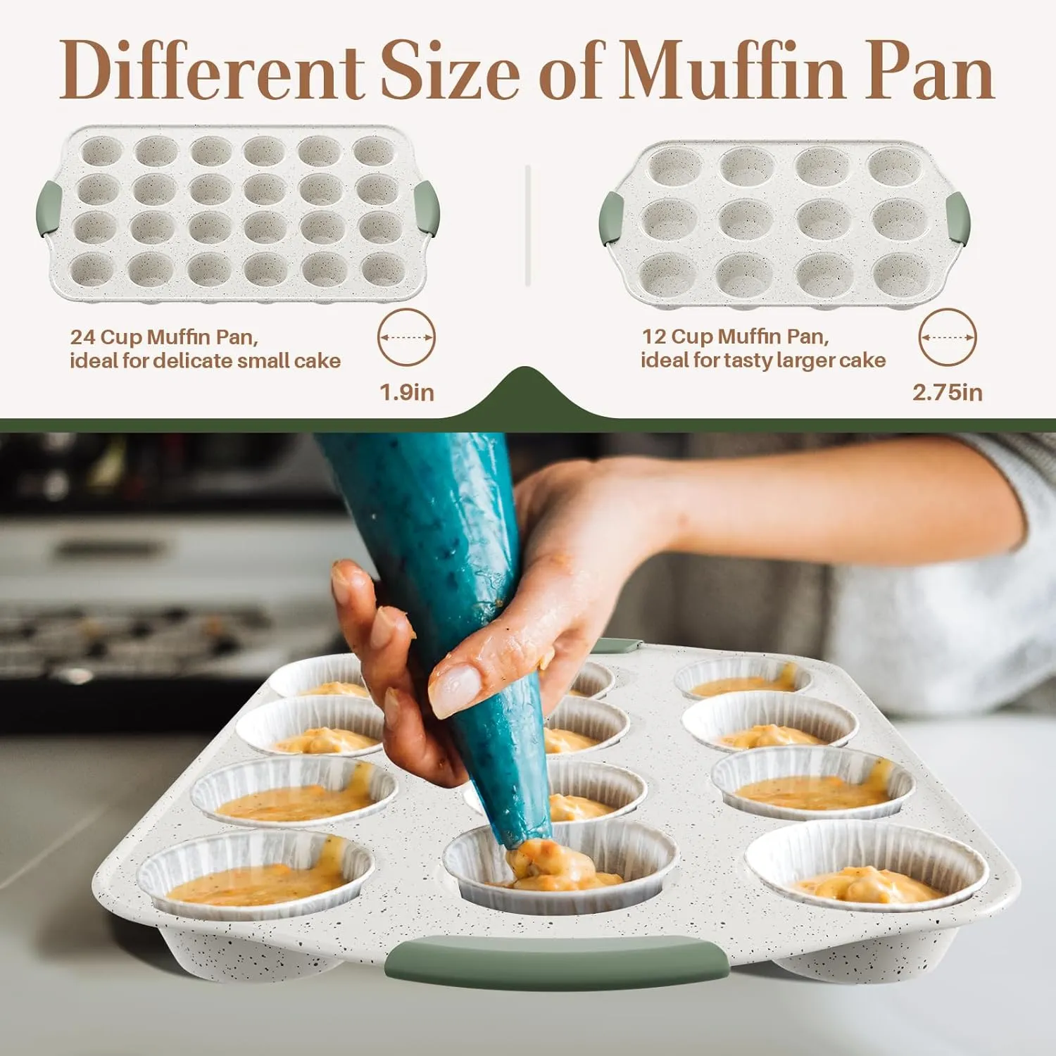 11-Piece Non-Toxic Baking Set, Stackable Nonstick Cookware with Heat-Resistant Handles - Includes Cookie Tray, Round Cake Pan, Muffin Cups, Pizza Pan & Loaf Baker, White&Light Green