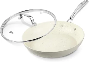12 Inch Nonstick Frying Pan with Lid, White Marble Skillet Stone-Derived Coating, APEO & PFOA Free, With Heat-Resistant Handle, Oven Safe and Induction Compatible