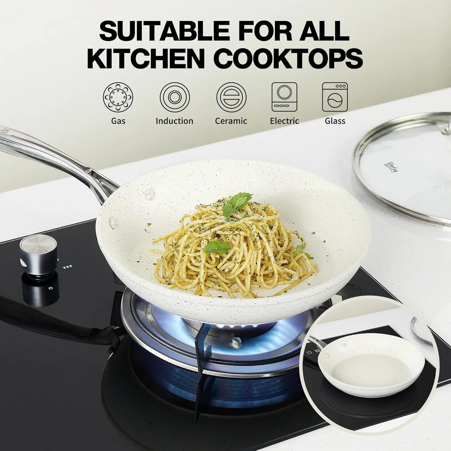 12 Inch Nonstick Frying Pan with Lid, White Marble Skillet Stone-Derived Coating, APEO & PFOA Free, With Heat-Resistant Handle, Oven Safe and Induction Compatible