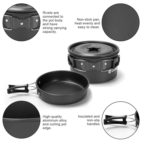 15pcs Camping Cookware Mess Kit,Non-Stick Lightweight Pot Pan Kettle Set