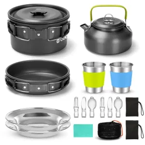 15pcs Camping Cookware Mess Kit,Non-Stick Lightweight Pot Pan Kettle Set