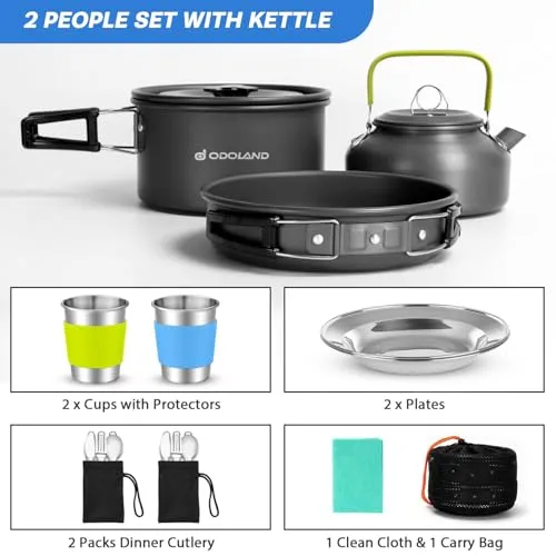 15pcs Camping Cookware Mess Kit,Non-Stick Lightweight Pot Pan Kettle Set
