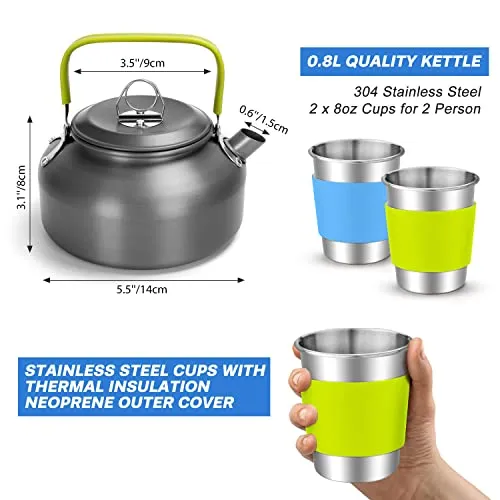 15pcs Camping Cookware Mess Kit,Non-Stick Lightweight Pot Pan Kettle Set