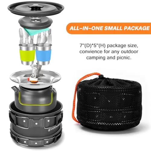 16pcs Camping Cookware Set w/ Folding Camping Stove,Non-Stick Lightweight Pot Pan Kettle Set