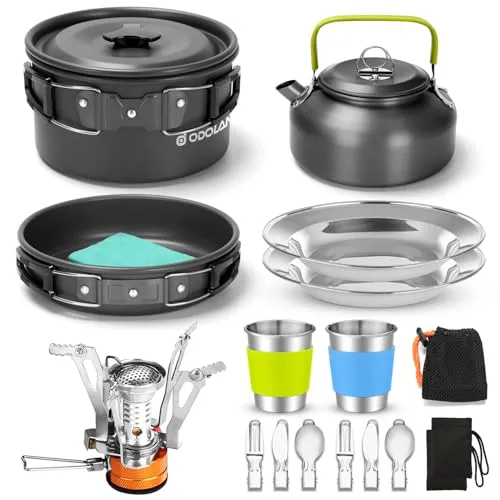 16pcs Camping Cookware Set w/ Folding Camping Stove,Non-Stick Lightweight Pot Pan Kettle Set