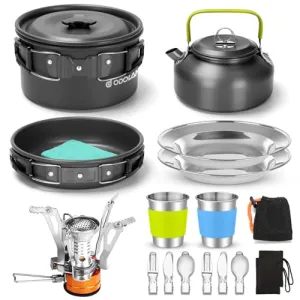 16pcs Camping Cookware Set w/ Folding Camping Stove,Non-Stick Lightweight Pot Pan Kettle Set