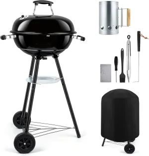 18 inch Kettle Charcoal Grills, Leonyo Portable BBQ Charcoal Grill for Outdoor with Cover & Chimney Starter, Griddle Accessories for Camping, Patio, Backyard Cooking - 254 Sq.in