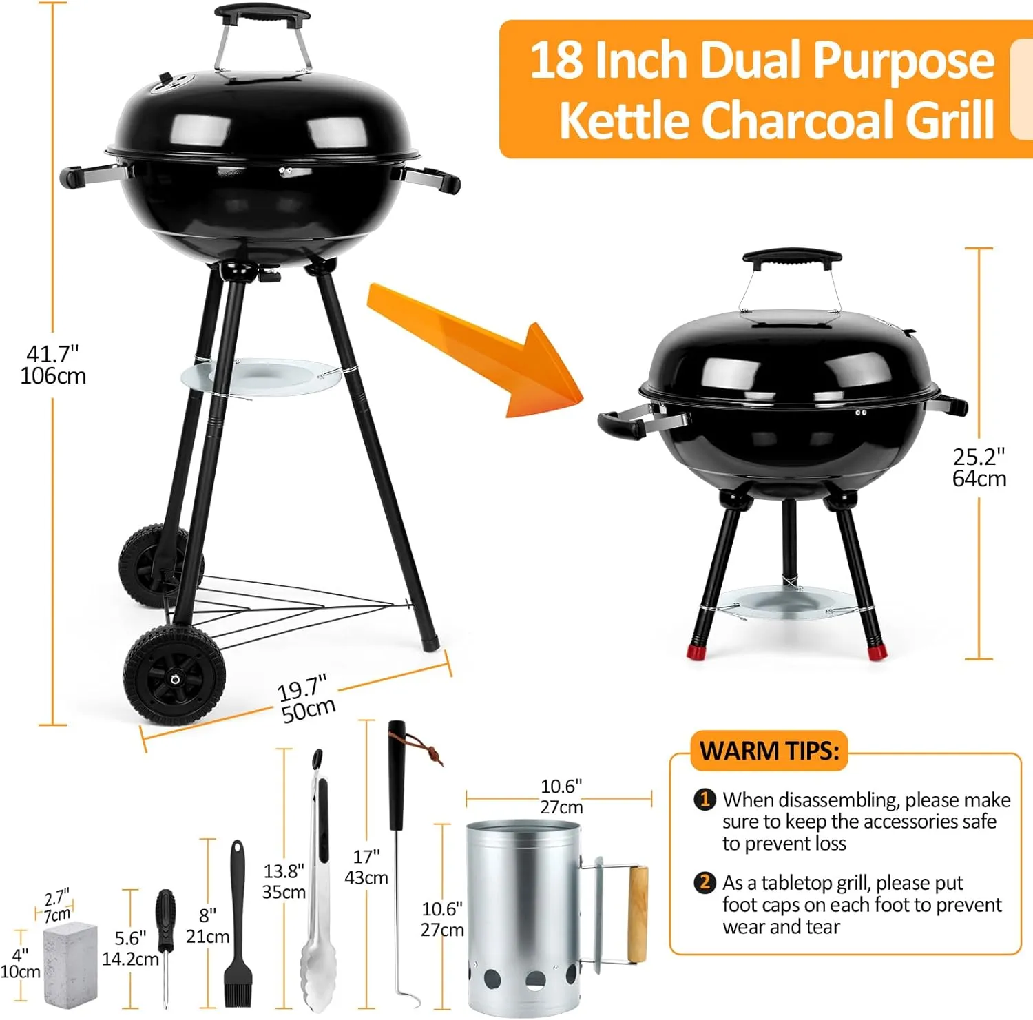 18 inch Kettle Charcoal Grills, Leonyo Portable BBQ Charcoal Grill for Outdoor with Cover & Chimney Starter, Griddle Accessories for Camping, Patio, Backyard Cooking - 254 Sq.in