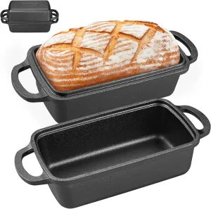 2 in 1 Cast Iron Bread Pan with Lid, Durable Loaf Pans for Baking Homemade Sourdough and Meatloaf, Bread Oven Cast Iron Cookware, Set of 2