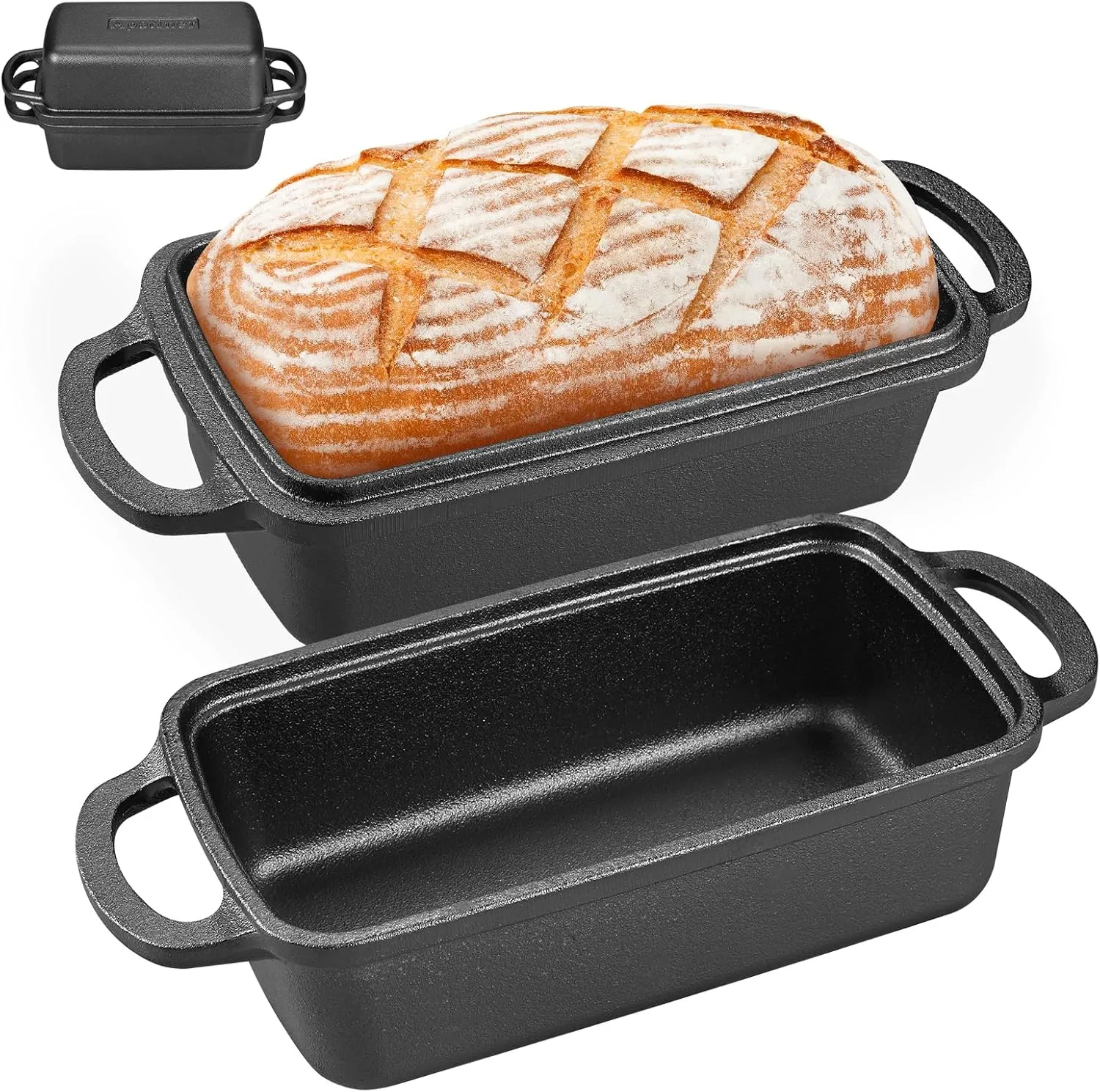2 in 1 Cast Iron Bread Pan with Lid, Durable Loaf Pans for Baking Homemade Sourdough and Meatloaf, Bread Oven Cast Iron Cookware, Set of 2