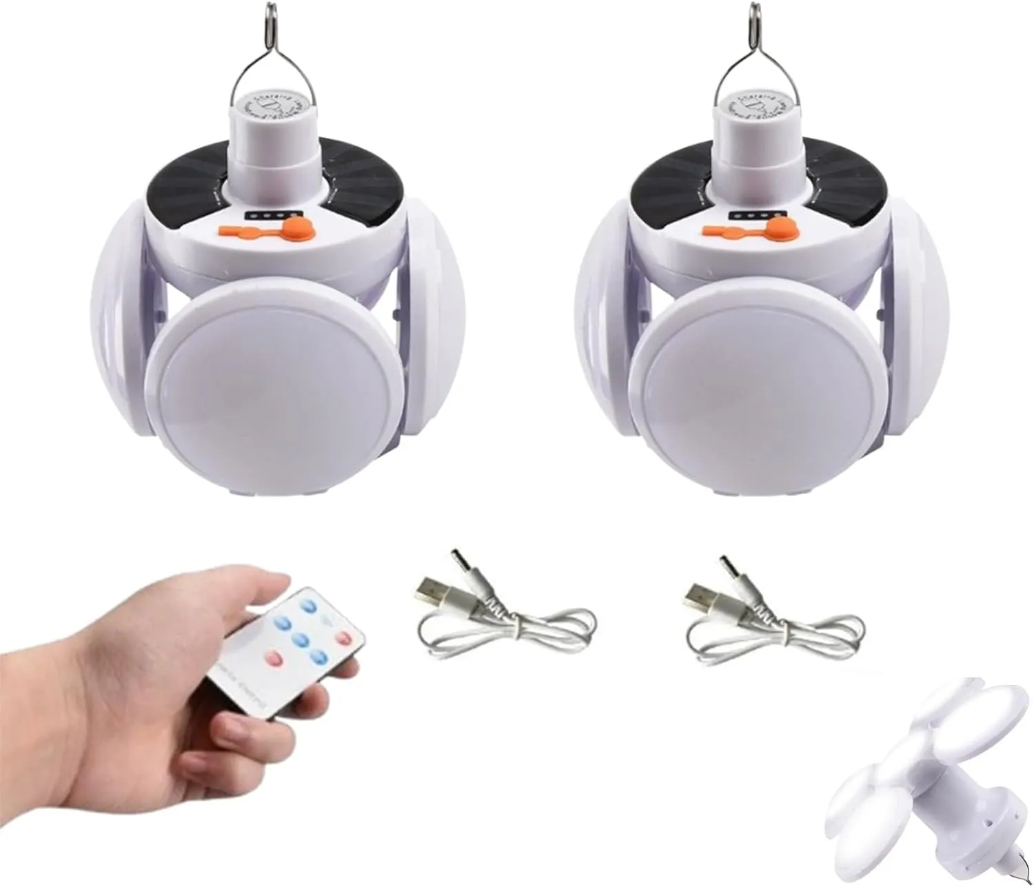 2 in 1 Folding Solar Lamp, Portable Camping Blub Foldable Lamp, Waterproof Light USB Rechargeable Foldable with Remote Control, for Outdoor Climbing Fishing Backpack Hiking(2pc)