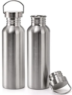 2 Pack 18/8 Stainless Steel Water Bottle, 26OZ Single Wall Sports Water Bottle for Camping Picnic, Metal Sports Kettle with Handle for Runners, Hikers, Cyclists