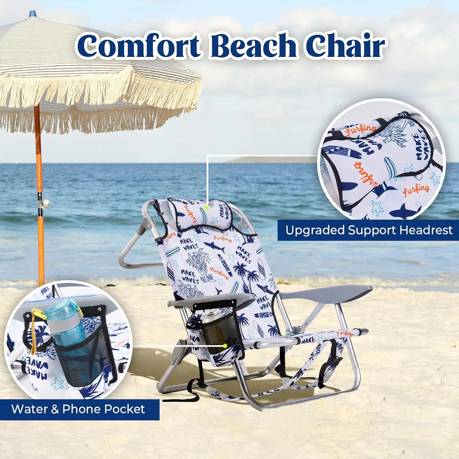 2 Pack Lightweight Portable Camping Beach Chair for Adults, Outdoor Lay Flat Folding Chairs, Backpack Chair with Towel Bar, Cooler Pouch, Cup Holder, White Geometry