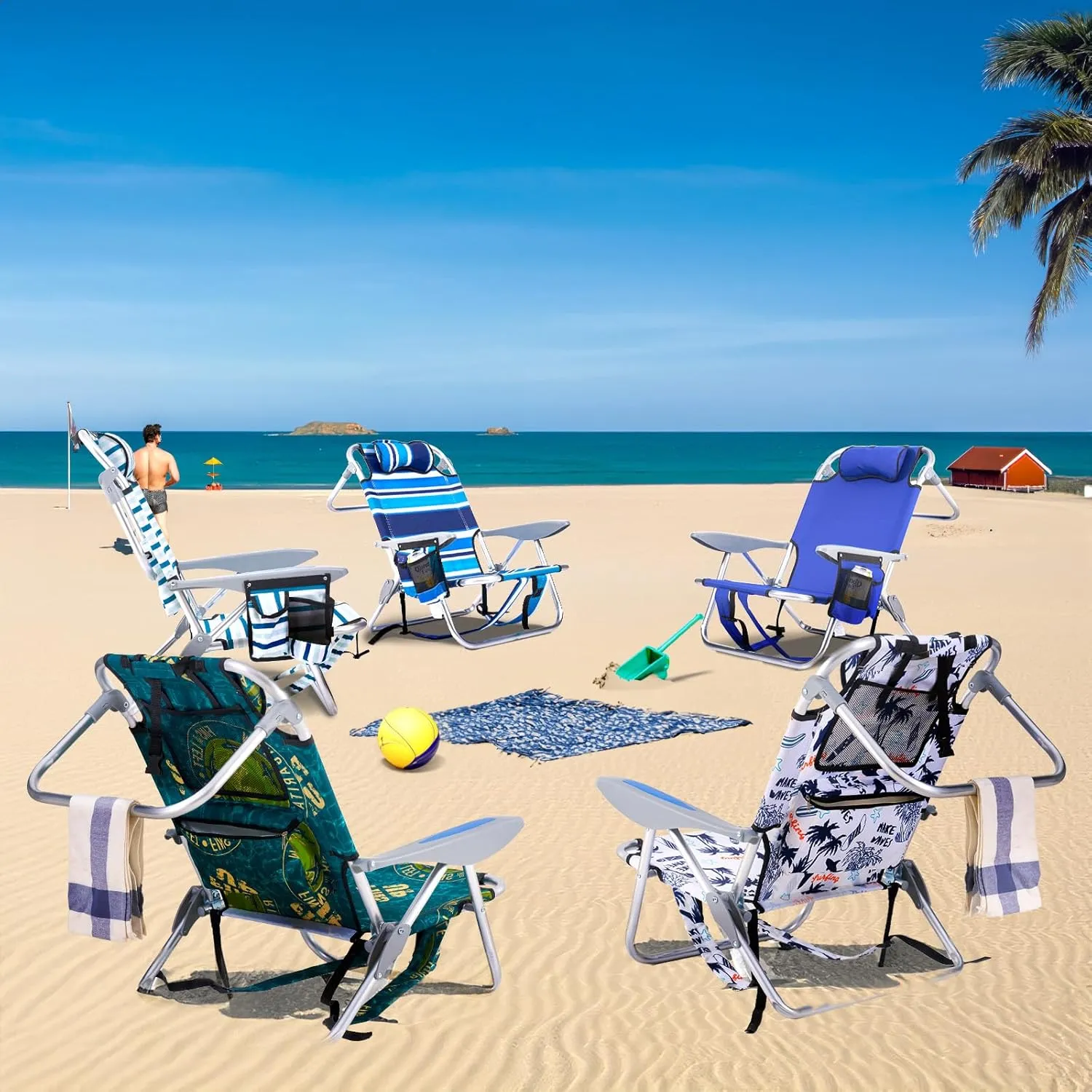 2 Pack Lightweight Portable Camping Beach Chair for Adults, Outdoor Lay Flat Folding Chairs, Backpack Chair with Towel Bar, Cooler Pouch, Cup Holder, White Geometry