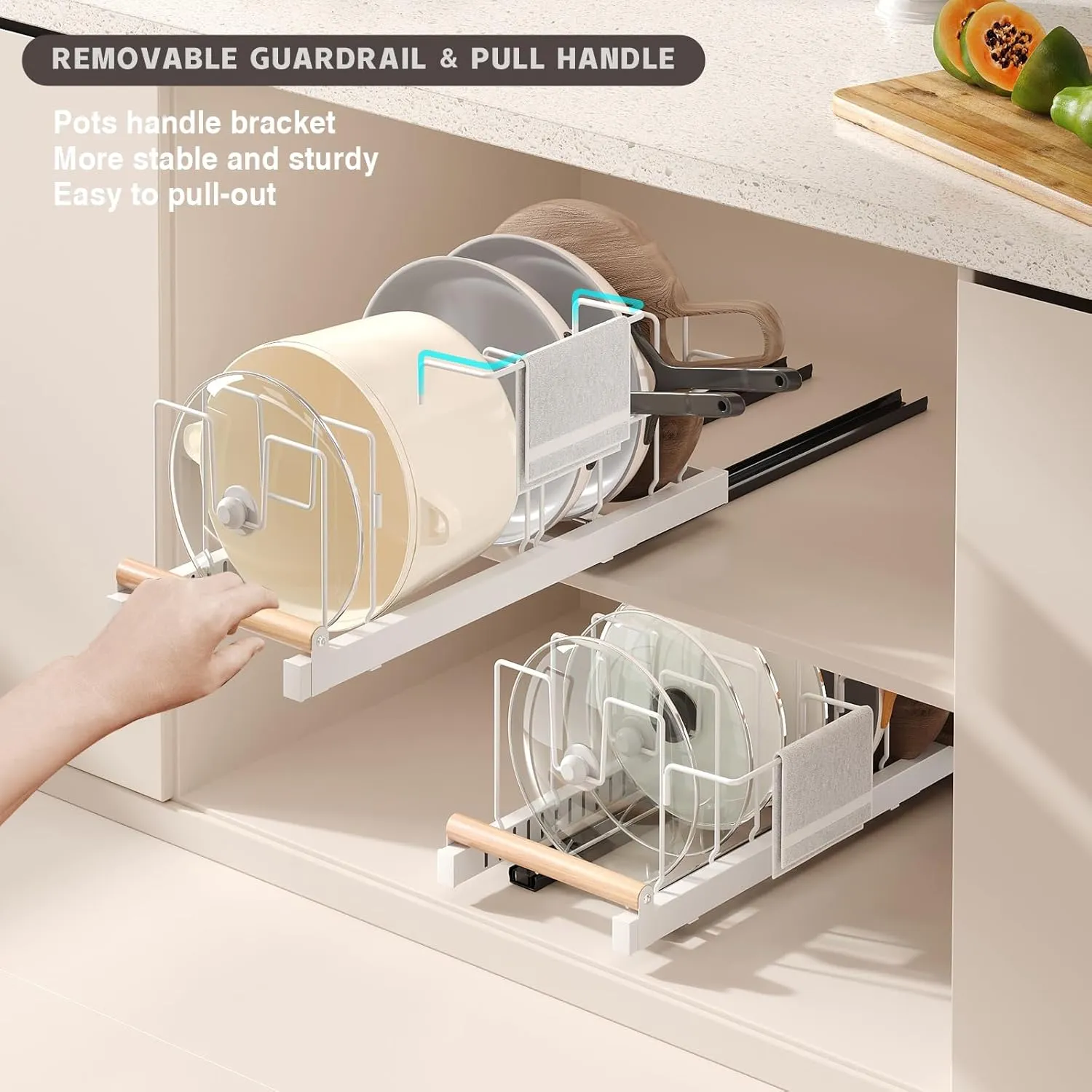 2 Pack Pull Out Pots and Pans Organizer Under Cabinet, 22" Deep Expandable Pot Lid Organizer and Storage with 10 Adjustable Dividers Adhesive Pot and Pan Holder Rack with Handle Bracket(White)