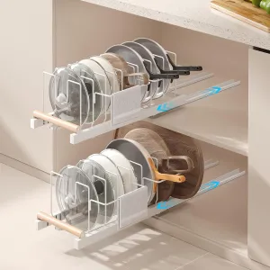 2 Pack Pull Out Pots and Pans Organizer Under Cabinet, 22" Deep Expandable Pot Lid Organizer and Storage with 10 Adjustable Dividers Adhesive Pot and Pan Holder Rack with Handle Bracket(White)