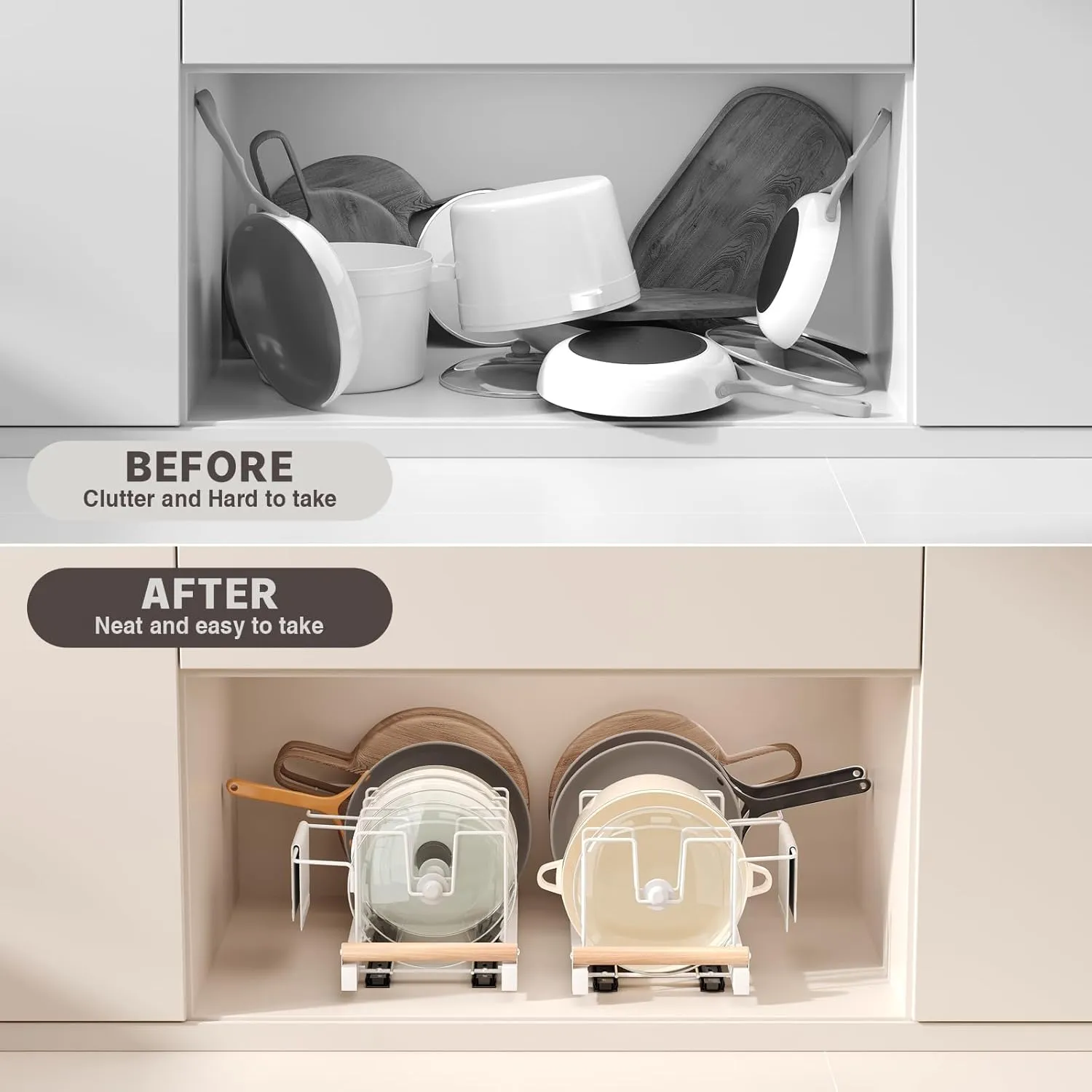 2 Pack Pull Out Pots and Pans Organizer Under Cabinet, 22" Deep Expandable Pot Lid Organizer and Storage with 10 Adjustable Dividers Adhesive Pot and Pan Holder Rack with Handle Bracket(White)