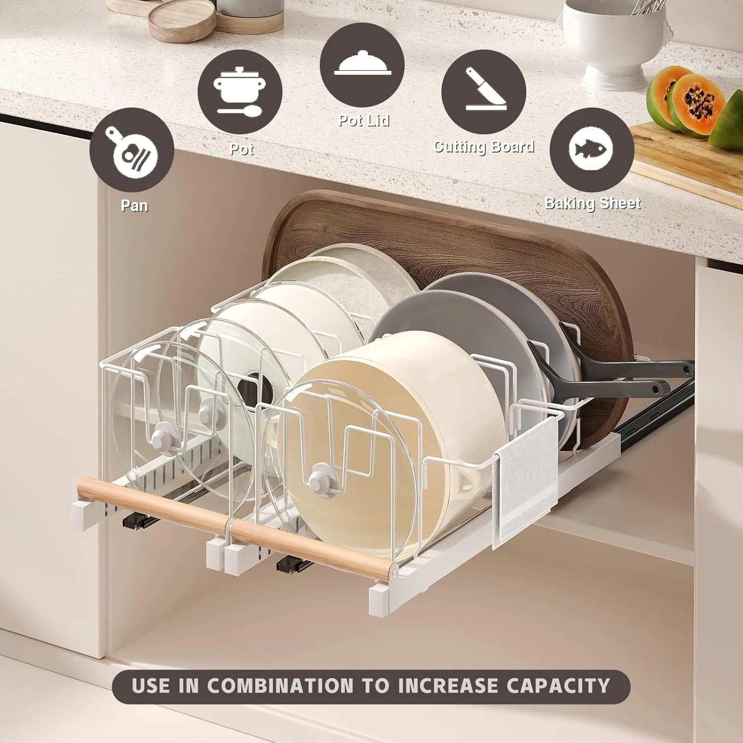 2 Pack Pull Out Pots and Pans Organizer Under Cabinet, 22" Deep Expandable Pot Lid Organizer and Storage with 10 Adjustable Dividers Adhesive Pot and Pan Holder Rack with Handle Bracket(White)