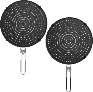 2 Pack Silicone Splatter Screen for Frying Pan, 13'' Grease Splatter Guard with Folding Handle, Heat Resistant by Heat Insulation Cooling Mat, Food Grade Oil Splash guard