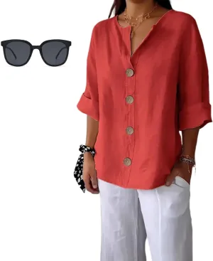 2025 Summer Women's CottonLinen Roll-Up Sleeve Shirts Loose V Neck 3/4 Sleeve Tops, Women's Solid Button-Down