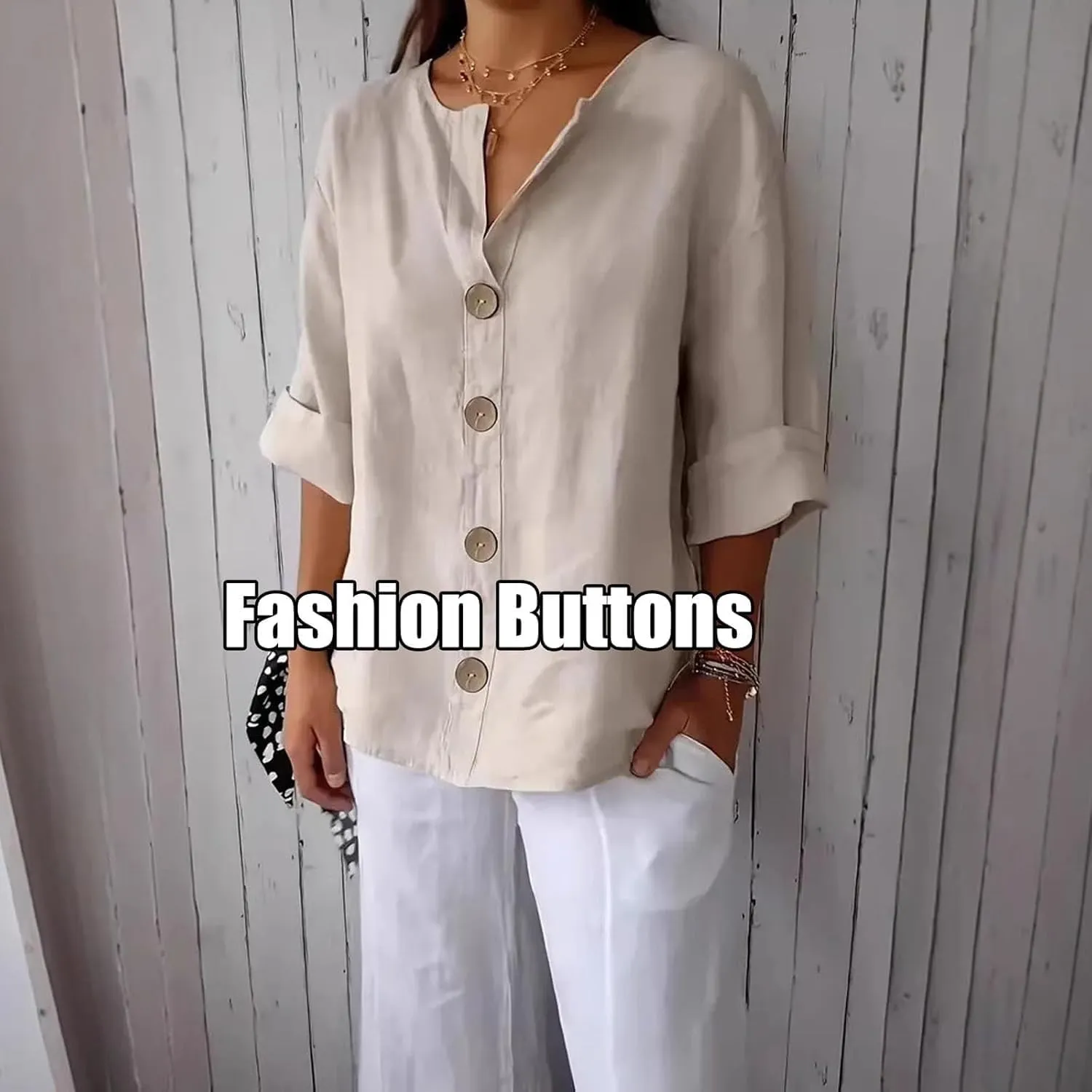 2025 Summer Women's CottonLinen Roll-Up Sleeve Shirts Loose V Neck 3/4 Sleeve Tops, Women's Solid Button-Down