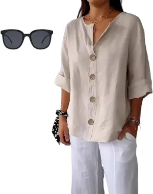 2025 Summer Women's CottonLinen Roll-Up Sleeve Shirts Loose V Neck 3/4 Sleeve Tops, Women's Solid Button-Down