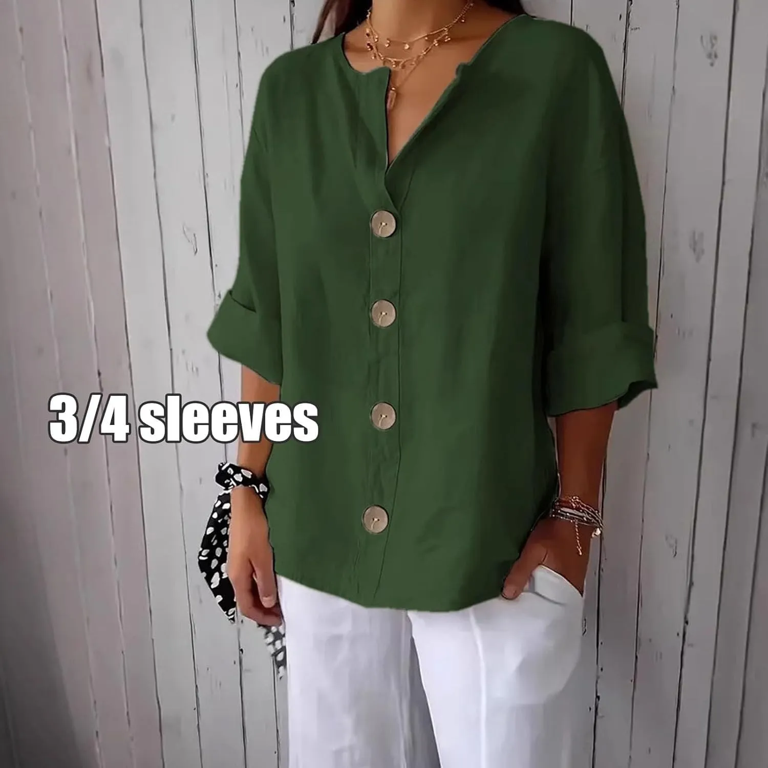2025 Summer Women's CottonLinen Roll-Up Sleeve Shirts Loose V Neck 3/4 Sleeve Tops, Women's Solid Button-Down