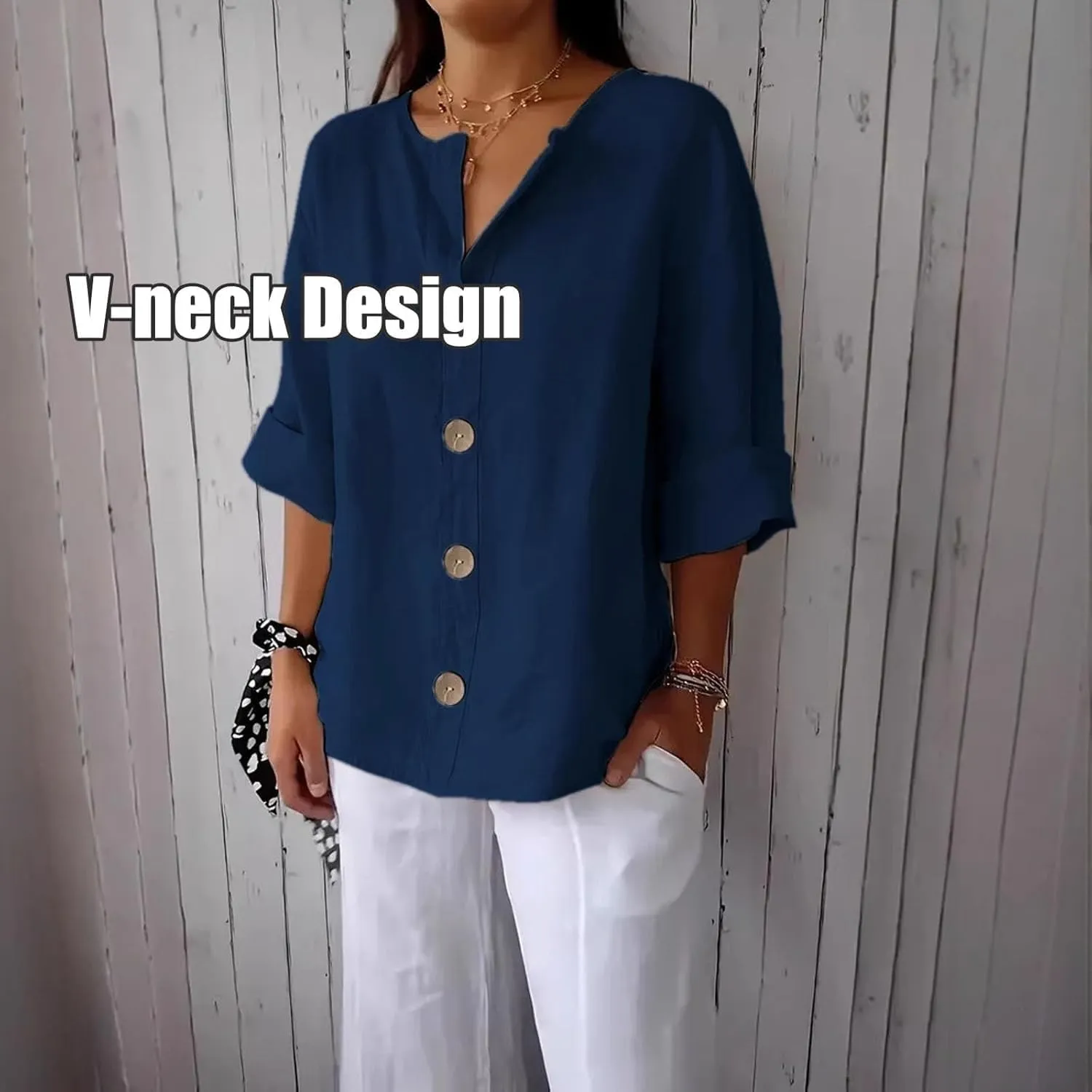 2025 Summer Women's CottonLinen Roll-Up Sleeve Shirts Loose V Neck 3/4 Sleeve Tops, Women's Solid Button-Down