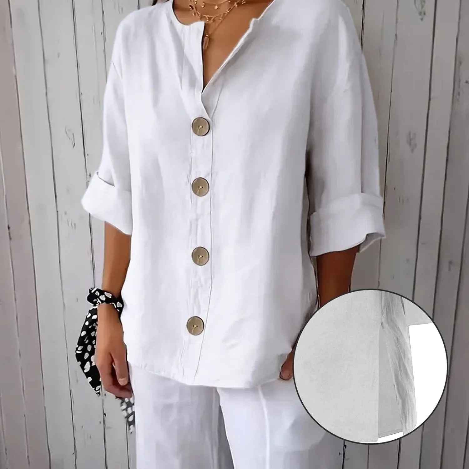 2025 Summer Women's CottonLinen Roll-Up Sleeve Shirts Loose V Neck 3/4 Sleeve Tops, Women's Solid Button-Down