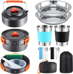 25 Pcs Camping Cookware Mess Kit Camping Pots and Pans Set with 2 Set Stainless Steel Cups Plates Forks Knives Spoons for Camping, Backpacking, Outdoor Cooking and Picnic