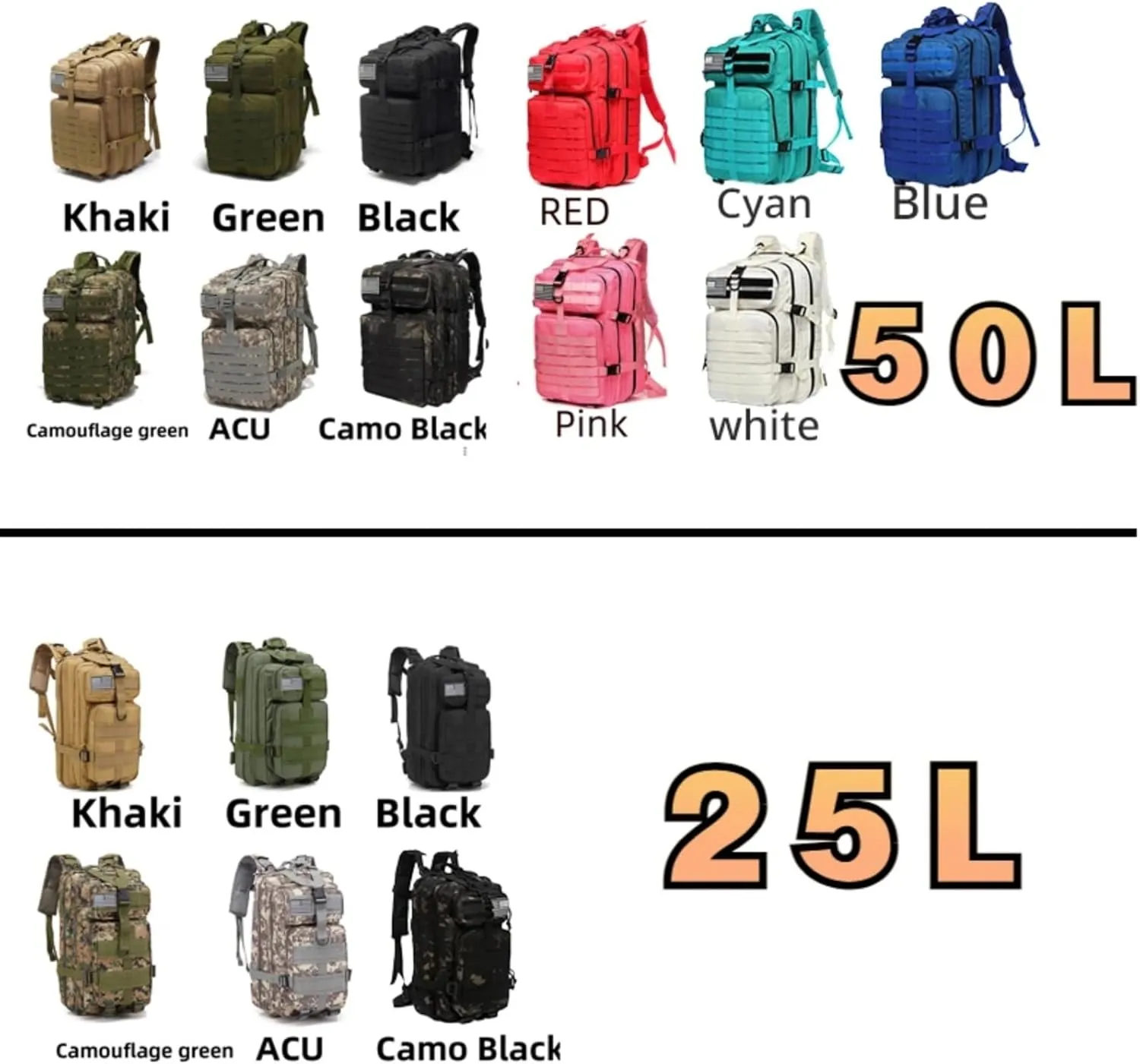 25L 50L Water-Resistant Nylon Backpack Outdoor Camping Hiking Trekking Durable Daypack Molle System (25L(Camouflagegreen))