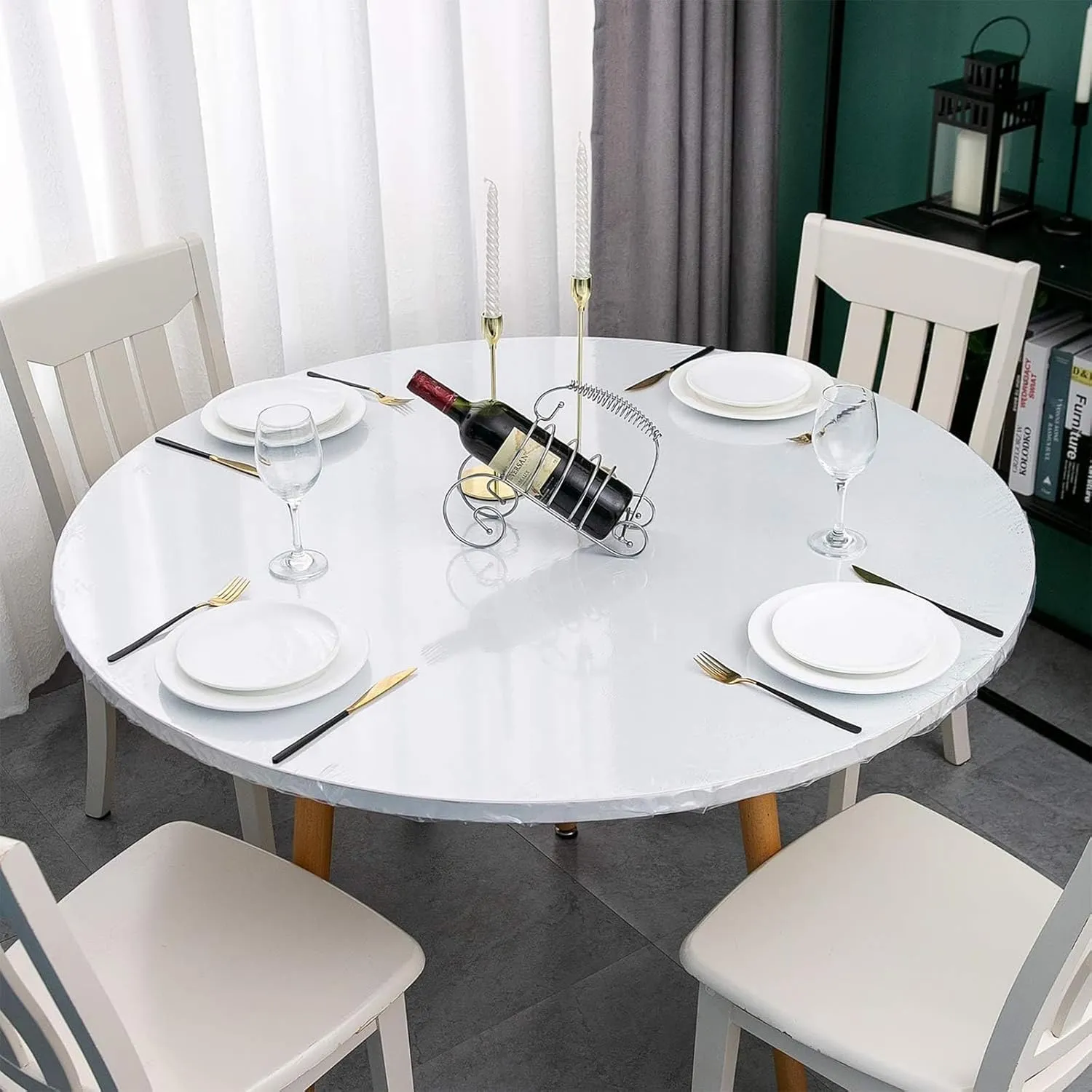 2PCS Clear Indoor Outdoor Round Table Cover, Washable Transparent Heavy Duty Fitted Vinyl Tablecloth, Elastic Edged Plastic Table Protector (42"-46" Round Table)