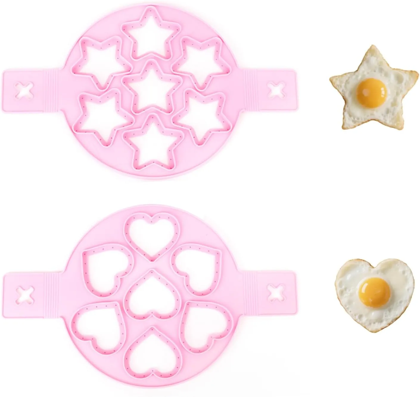 2Pcs Pancake Maker Mold, 7 Cavity Star/Heart Shape Non-stick Silicone Egg Mold Ring with Handle for Muffin Fried Egg Burger Pink
