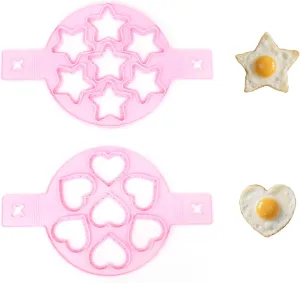 2Pcs Pancake Maker Mold, 7 Cavity Star/Heart Shape Non-stick Silicone Egg Mold Ring with Handle for Muffin Fried Egg Burger Pink