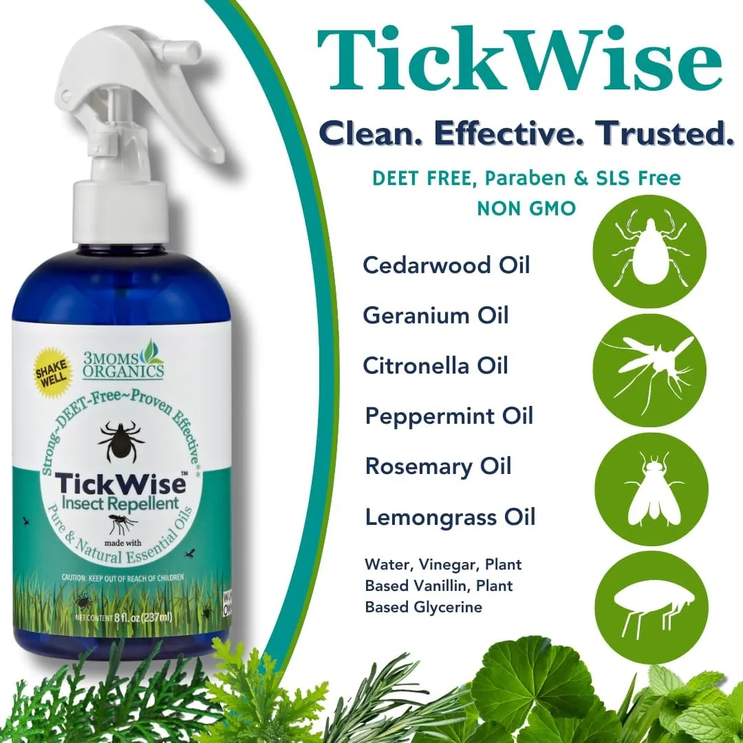 3 Moms Organics TickWise 8oz, Made with All Natural Essential Oils, DEET-Free, Tick and Insect Repellent, Plant Based Essential Oils, All Natural Ingredients Great for Adults, Kids, Dogs & Horses