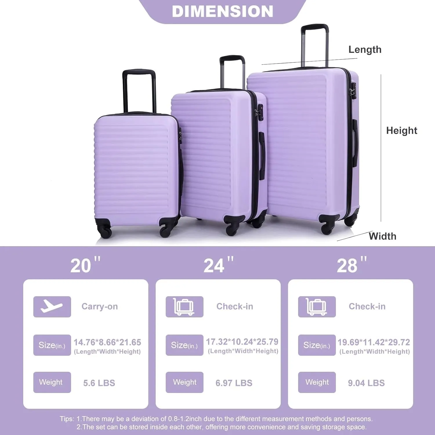 3-Piece Luggage Set (20" / 24" / 28"), ABS Durable & Lightweight Suitcase with 360° Spinner Wheels, Two Hooks and TSA Lock, Carry-On & Checked Travel Gear Set (Lavender Purple)