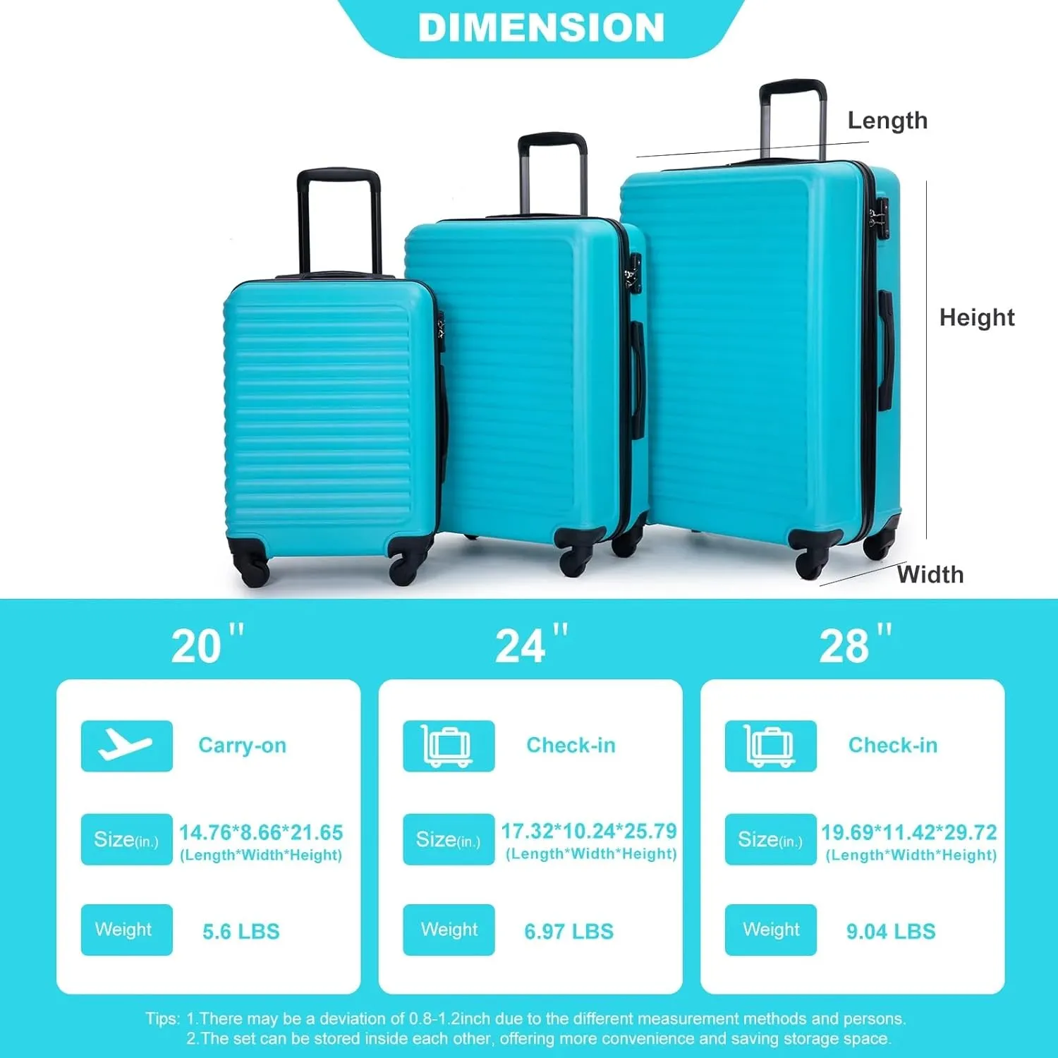 3-Piece Luggage Set (20" / 24" / 28"), ABS Durable & Lightweight Suitcase with 360° Spinner Wheels, Two Hooks and TSA Lock, Carry-On & Checked Travel Gear Set (Turquoise)