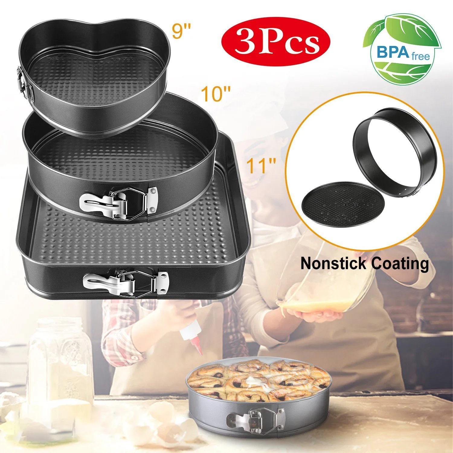 3-Piece: Non-stick Springform Cake Pan Set with Removable Bottom