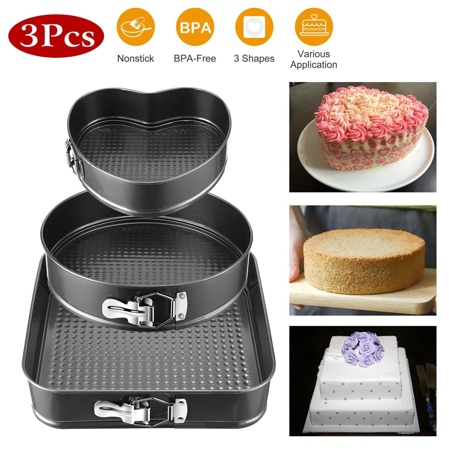 3-Piece: Non-stick Springform Cake Pan Set with Removable Bottom