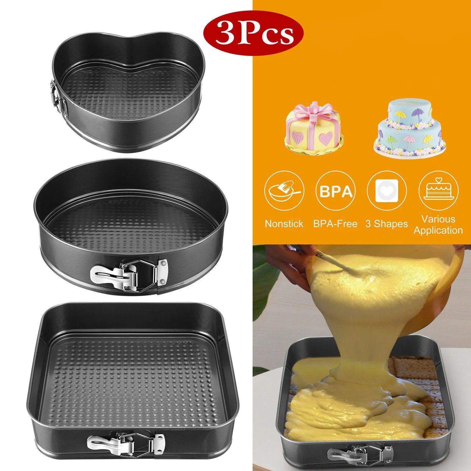 3-Piece: Non-stick Springform Cake Pan Set with Removable Bottom