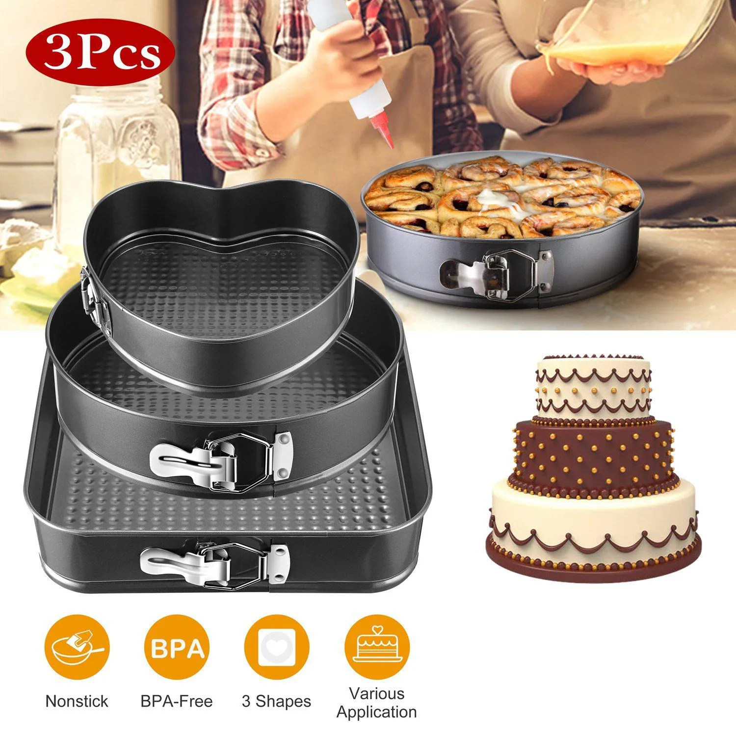 3-Piece: Non-stick Springform Cake Pan Set with Removable Bottom