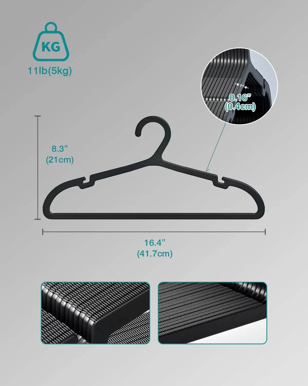 50 Pack Clothes Hangers, Non Slip Plastic Coat Hangers, Space Saving Hangers, Heavy Duty, Hanging Dry Wet Clothes,16.4" x 8.3", Black, UAPY0550B